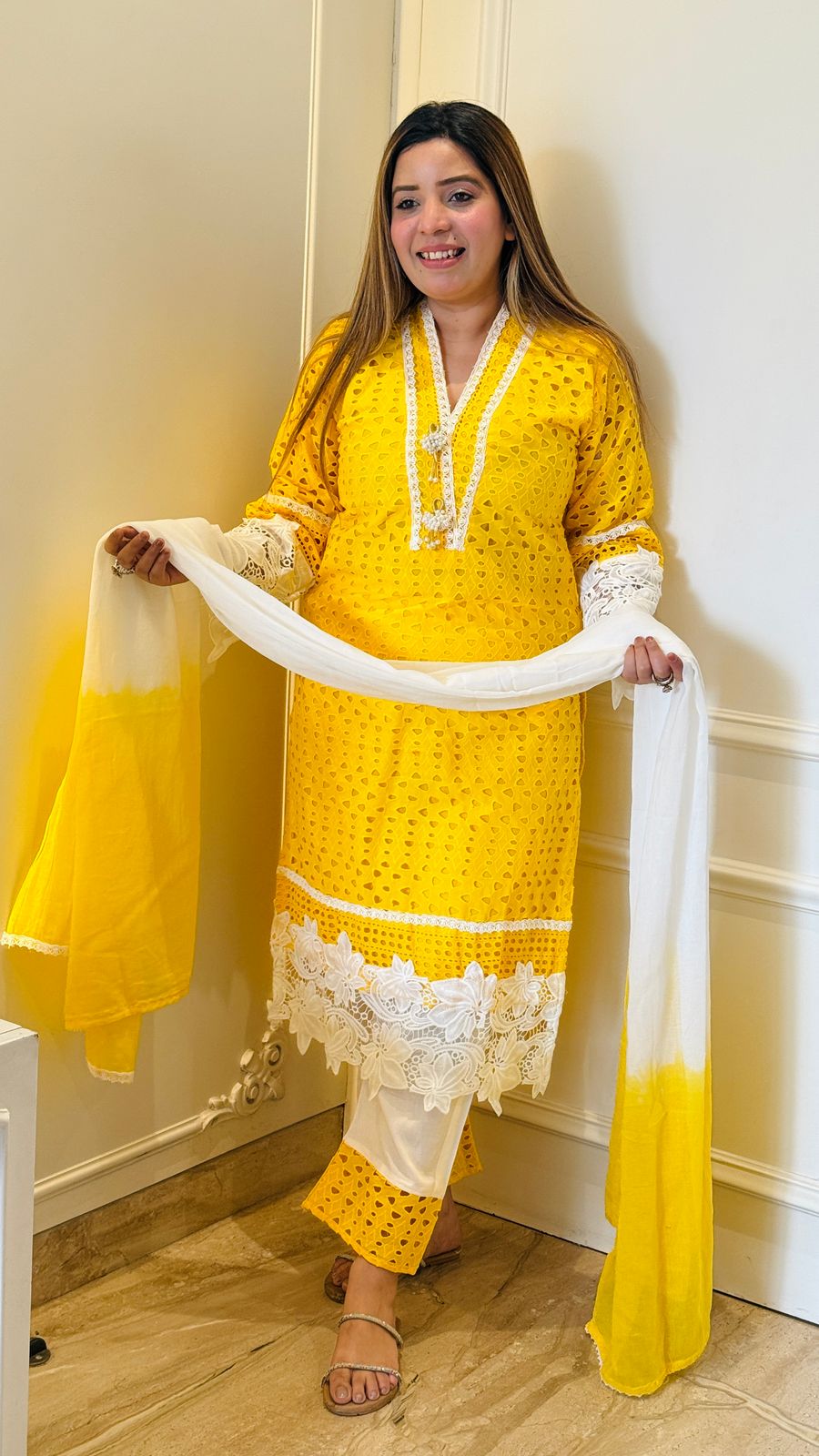 Schiffli Cotton Suit Set (Yellow)